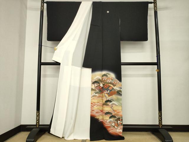 平和屋着物●豪華黒留袖 駒刺繍 地紙吉祥花鳥文 暈し染め 金彩 正絹 逸品 AABN0727ck