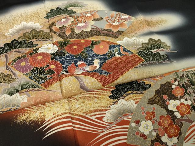 平和屋着物●豪華黒留袖 駒刺繍 地紙吉祥花鳥文 暈し染め 金彩 正絹 逸品 AABN0727ck