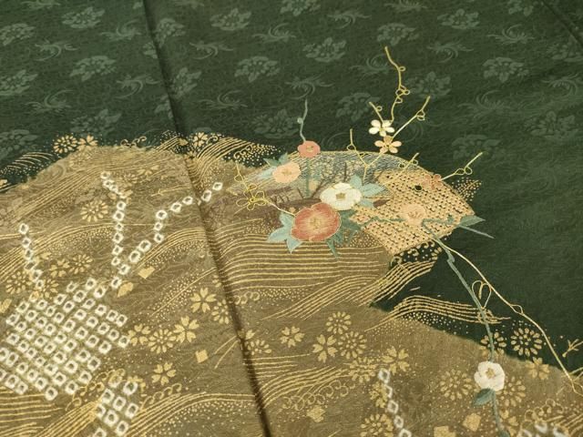 平和屋着物●訪問着 絞り 刺繍 松皮菱花文 金彩 正絹 逸品 未使用 AABN0764ck