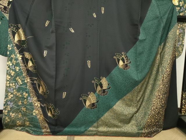 平和屋着物●豪華振袖 花蝶文 黒地 金彩 ロング丈 正絹 逸品 AABN0769ck