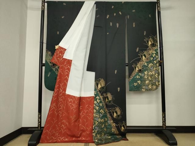 平和屋着物●豪華振袖 花蝶文 黒地 金彩 ロング丈 正絹 逸品 AABN0769ck