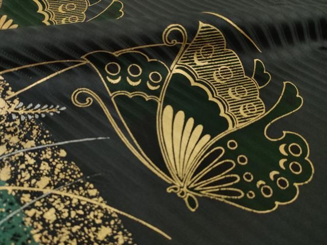 平和屋着物●豪華振袖 花蝶文 黒地 金彩 ロング丈 正絹 逸品 AABN0769ck