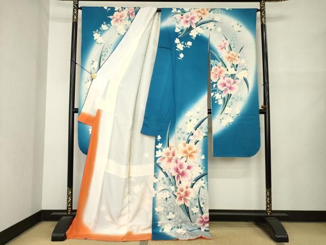平和屋着物●豪華振袖 駒刺繍 草花文 暈し染め ロング丈 正絹 逸品 AABN0786ck