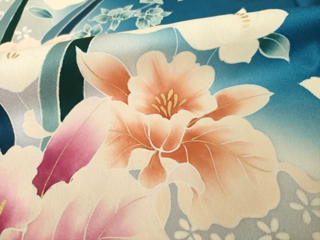 平和屋着物●豪華振袖 駒刺繍 草花文 暈し染め ロング丈 正絹 逸品 AABN0786ck