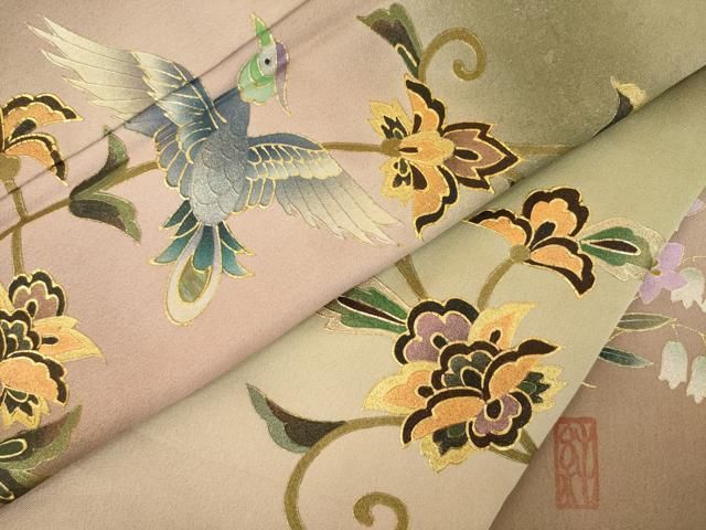 平和屋着物●訪問着 作家物 更紗花鳥文 暈し染め 金銀彩 正絹 逸品 AABN0789ck