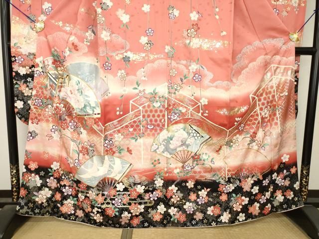 平和屋着物●豪華振袖 駒刺繍 扇面御所車花文 暈し染め 金銀彩 正絹 逸品 AABN0791ck