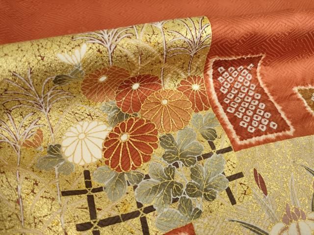 平和屋着物●訪問着 絞り 駒刺繍 色紙重ね花文 正絹 逸品 AABN0815ck