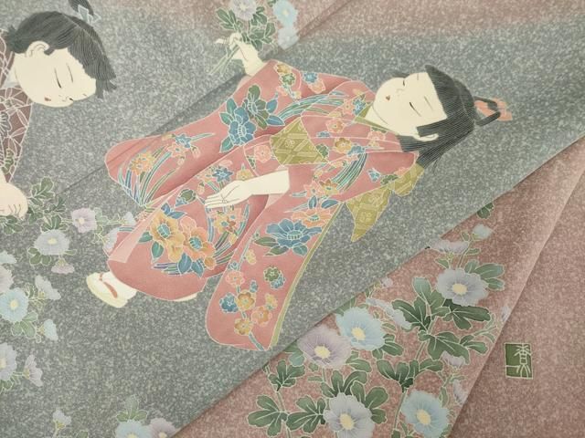 平和屋着物●十日町友禅作家 関口遼一 訪問着 童子 正絹 逸品 AABN0817ck