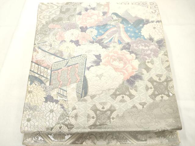 平和屋着物◎六通柄袋帯 唐織 女人花文 銀糸 正絹 逸品 AABN0846ps