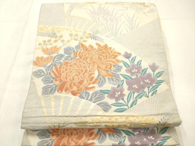 平和屋着物◎六通柄袋帯 扇面花文 金糸 正絹 逸品 AABN0861ps