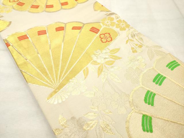 平和屋着物◎九寸名古屋帯 檜扇花文 金糸 正絹 逸品 AABN0864ps