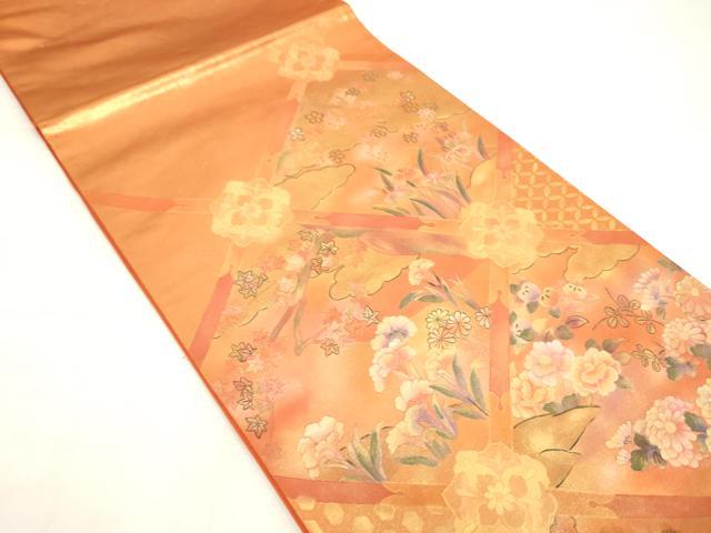 平和屋着物◎太鼓柄袋帯 草花文 金彩 正絹 逸品 AABN0907ps