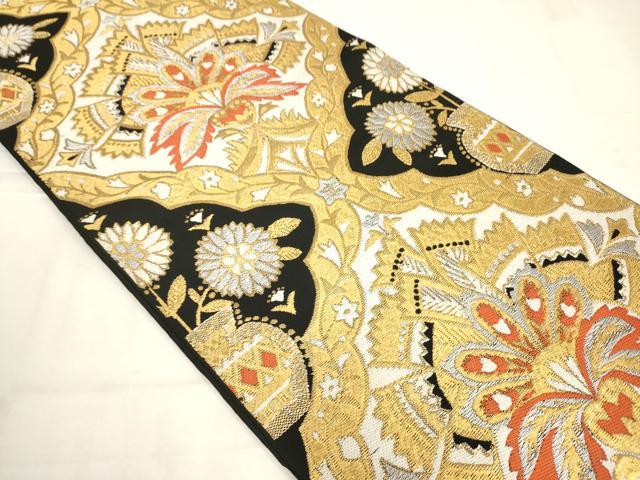 平和屋着物◎六通柄 本袋帯 更紗花文 黒地 金銀糸 正絹 逸品 AABN0909ps