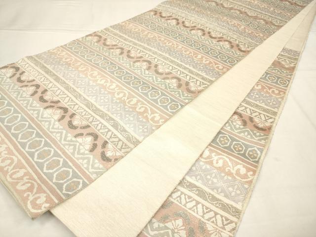 平和屋着物◎珀寿綴 六通柄袋帯 花横段文 金銀糸 正絹 逸品 AABN0919ps