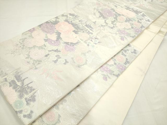 平和屋着物◎六通柄袋帯 唐織 草花文 銀糸 正絹 逸品 AABN0921ps