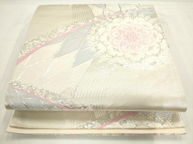 平和屋着物◎六通柄袋帯 唐織 正倉院花文 銀糸 正絹 逸品 AABN0930ps