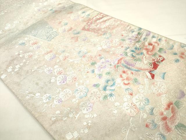 平和屋着物◎六通柄袋帯 飾花文 銀彩 正絹 逸品 AABN0938ps