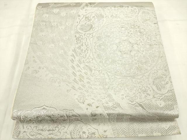 平和屋着物◎六通柄袋帯 孔雀花文 銀糸 正絹 逸品 AABN0963ps