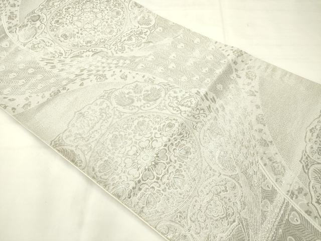 平和屋着物◎六通柄袋帯 孔雀花文 銀糸 正絹 逸品 AABN0963ps