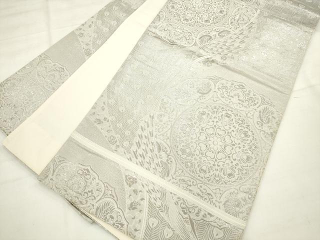 平和屋着物◎六通柄袋帯 孔雀花文 銀糸 正絹 逸品 AABN0963ps