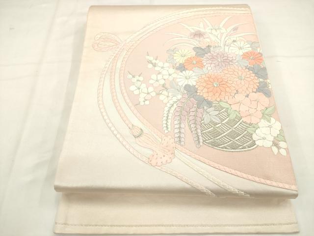 平和屋着物◎太鼓柄袋帯 花籠文 銀糸 正絹 逸品 AABN0964ps