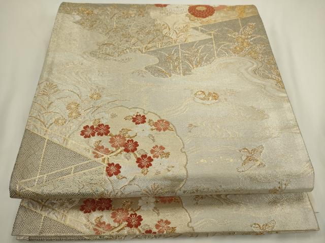 平和屋着物◎六通柄袋帯 唐織 雲取り花文 九百佐賀錦 蒔絵 金糸 正絹 逸品 AABN0981ps