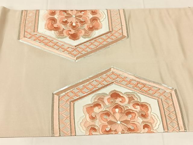 平和屋着物◎太鼓柄袋帯 駒刺繍 亀甲花文 銀糸 正絹 逸品 AABN1402dk
