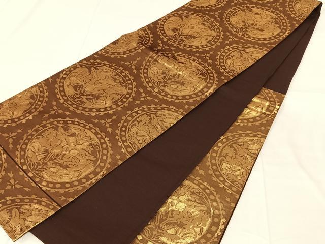 平和屋着物◎六通柄袋帯 狩猟花丸文 金糸 正絹 逸品 AABN1403dk