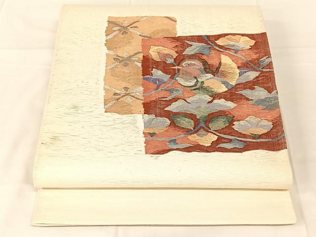平和屋着物◎太鼓柄袋帯 すくい織 鴛鴦花文 銀糸 正絹 逸品 AABN1404dk