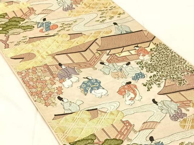 平和屋着物◎六通柄袋帯 人物風景文 金糸 正絹 逸品 AABN1418dk