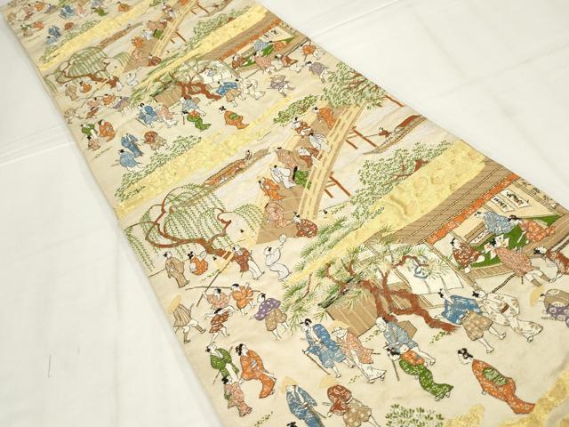 平和屋着物◎六通柄袋帯 人物風景文 金糸 正絹 逸品 AABN1464ou