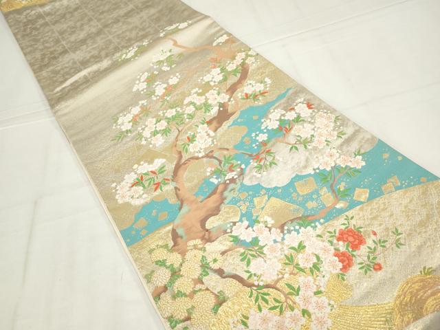 平和屋着物◎太鼓柄袋帯 唐織 流水枝花文 金糸 正絹 逸品 AABN1472ou