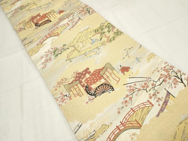平和屋着物◎六通柄袋帯 人物風景文 金糸 正絹 逸品 AABN1473ou