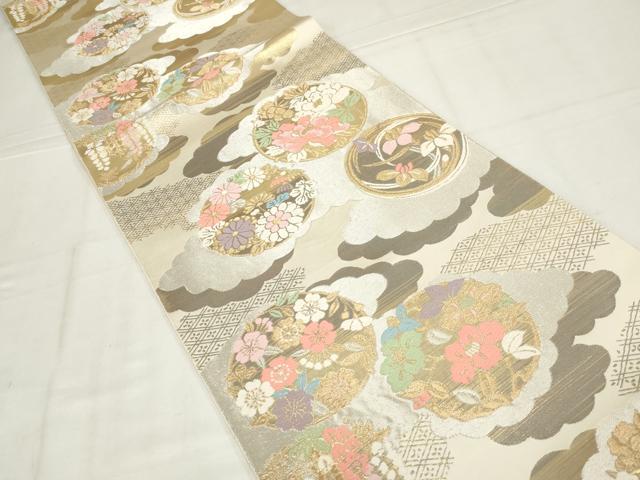平和屋着物◎西陣 服部織物謹製 六通柄袋帯 唐織 雲取り花丸文 金銀糸 正絹 逸品 AABN1475ou