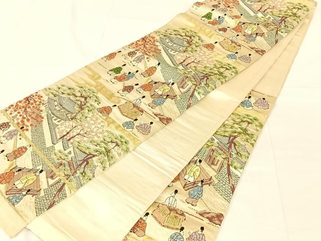 平和屋着物◎六通柄袋帯 人物風景文 金糸 正絹 逸品 AABN1496dk