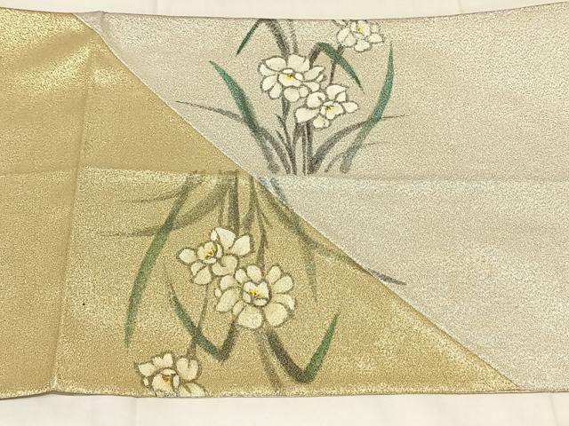 平和屋着物◎本綴れ 太鼓柄袋帯 手描き 切嵌 流水花文 正絹 逸品 AABN1504dk