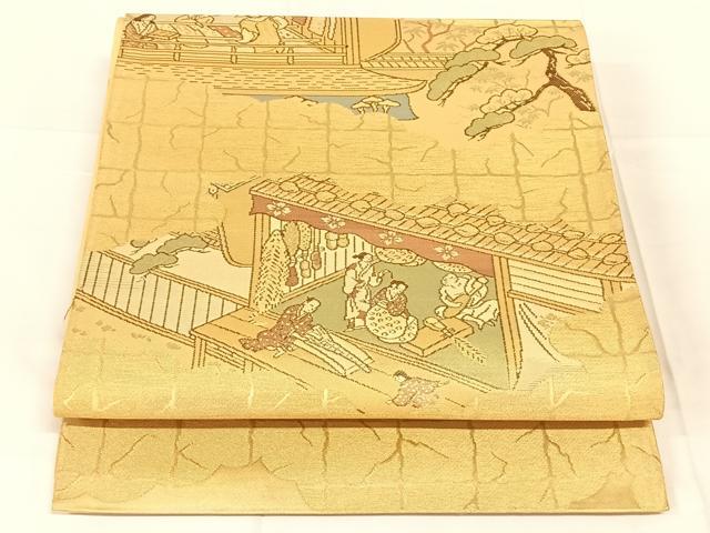 平和屋着物◎六通柄袋帯 人物風景文 金糸 正絹 逸品 AABN1507dk