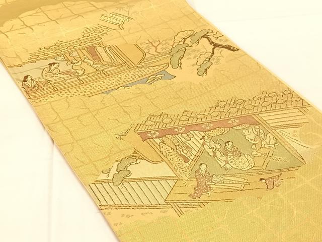 平和屋着物◎六通柄袋帯 人物風景文 金糸 正絹 逸品 AABN1507dk