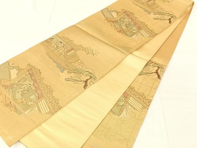 平和屋着物◎六通柄袋帯 人物風景文 金糸 正絹 逸品 AABN1507dk