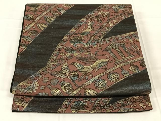 平和屋着物◎六通柄袋帯 鳥獣文 金糸 正絹 逸品 AABN1509dk