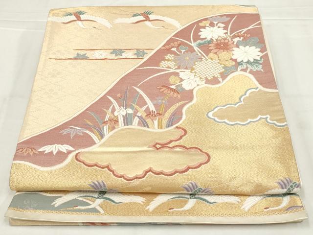 平和屋着物◎六通柄袋帯 唐織 遠山草花白鶴文 金糸 正絹 逸品 AABN1524ou