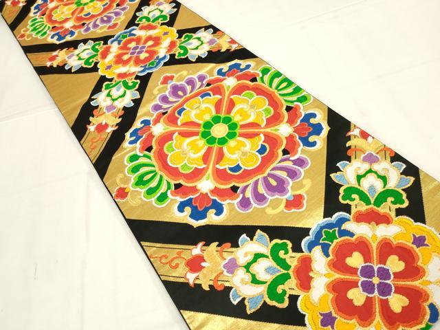 平和屋着物◎六通柄袋帯 唐織 正倉院花文 黒地 金糸 正絹 逸品 AABN1543ou