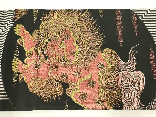 平和屋着物◎九寸名古屋帯 唐獅子 岩栄 黒地 金糸 正絹 逸品 AABN1548ou