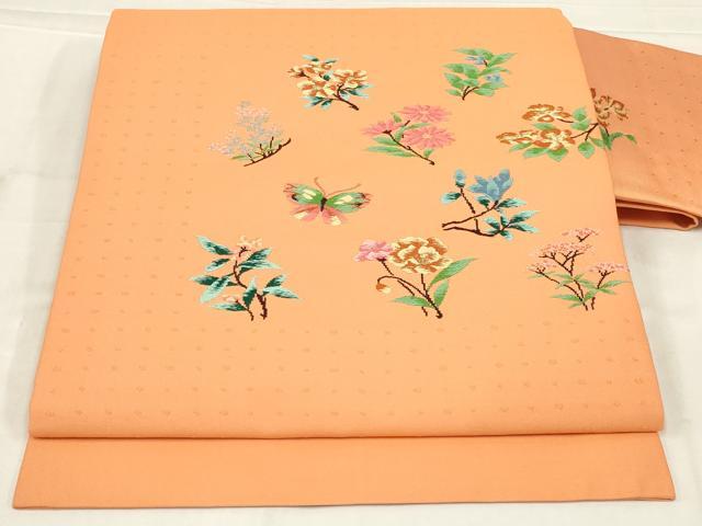 平和屋着物◎九寸名古屋帯 唐織 花蝶文 金糸 正絹 逸品 AABN1560ou
