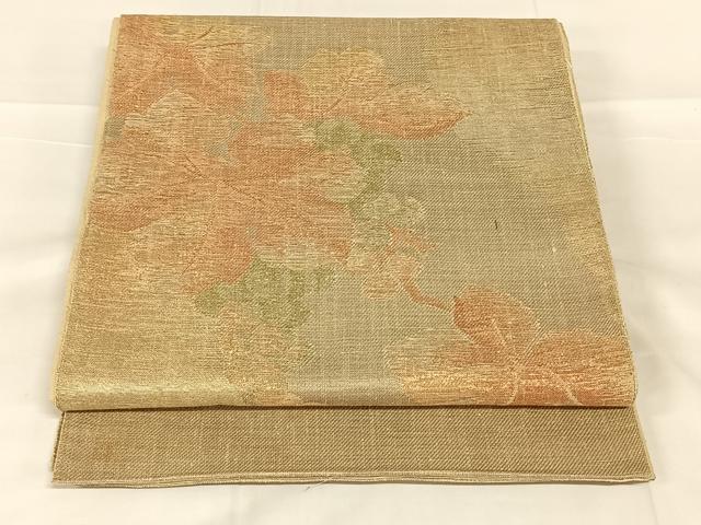 平和屋着物◎太鼓柄袋帯 紬地 葡萄蔦の葉文 金糸 正絹 逸品 AABN1561dk