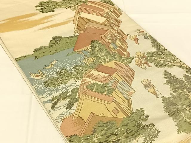 平和屋着物◎六通柄袋帯 人物風景文 金糸 正絹 逸品 AABN1570dk