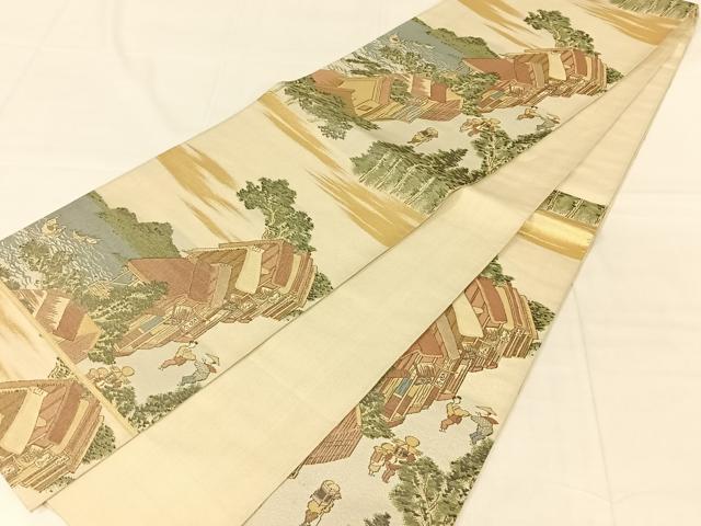 平和屋着物◎六通柄袋帯 人物風景文 金糸 正絹 逸品 AABN1570dk