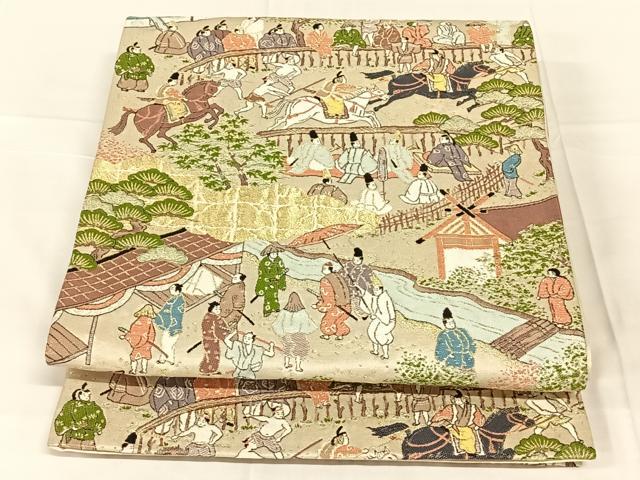 平和屋着物◎六通柄袋帯 唐織 洛中洛外 加茂社競馬の図 金糸 正絹 逸品 AABN1571dk