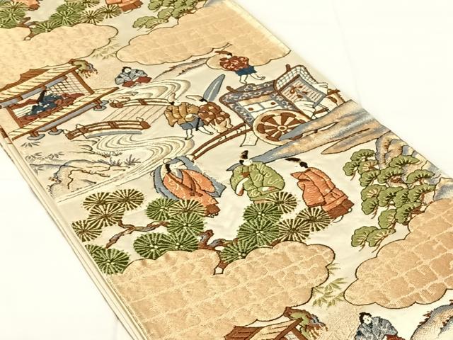 平和屋着物◎六通柄袋帯 唐織 人物風景文 金糸 正絹 逸品 AABN1575dk