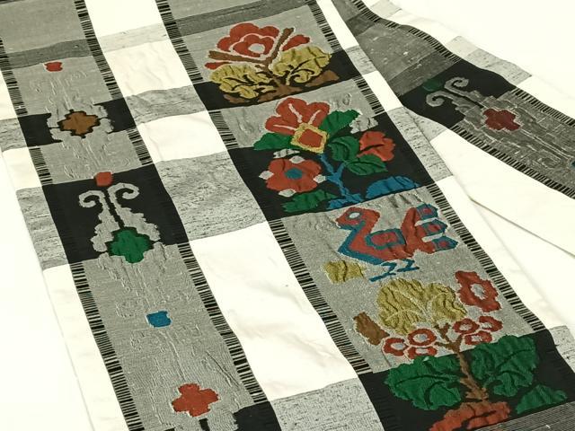 平和屋着物◎九寸名古屋帯 紬地 花鳥文 正絹 逸品 AABN1583dk